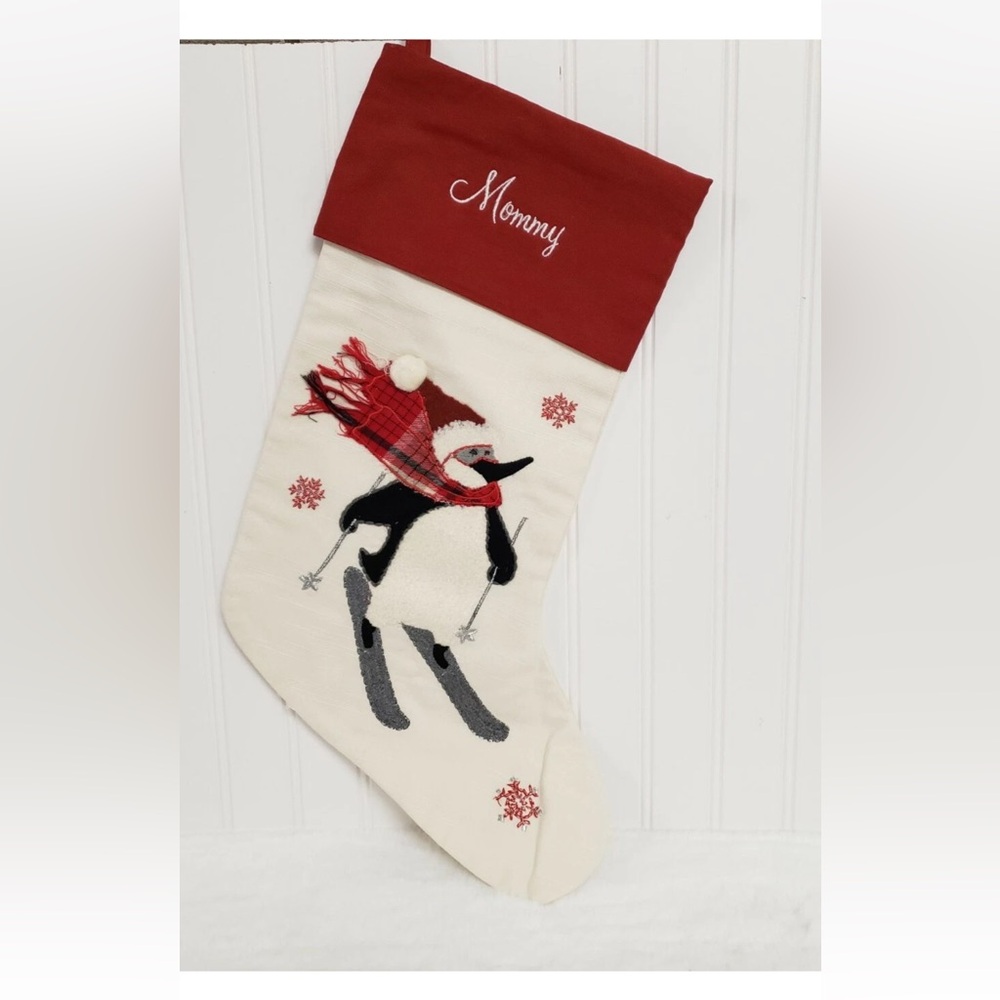 Pottery Barn penguin crewel embroidery velvet stocking